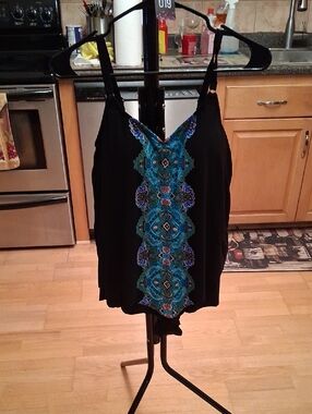 Aqua Green Black One-Piece Swimsuit with Teal & Blue Center Embroidery